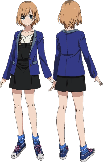 Concept art of Aoi Miyamori from the anime Shirobako wearing a black overall dress with a blue blazer.