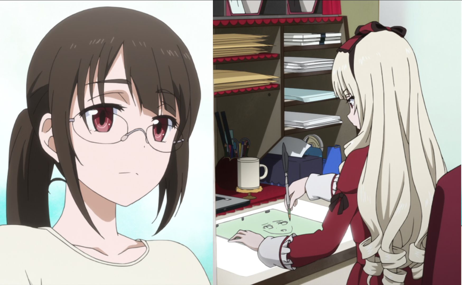 A comparison of Rinko from Shirobako showcasing her appearance before and after she donned her so-called battle armor