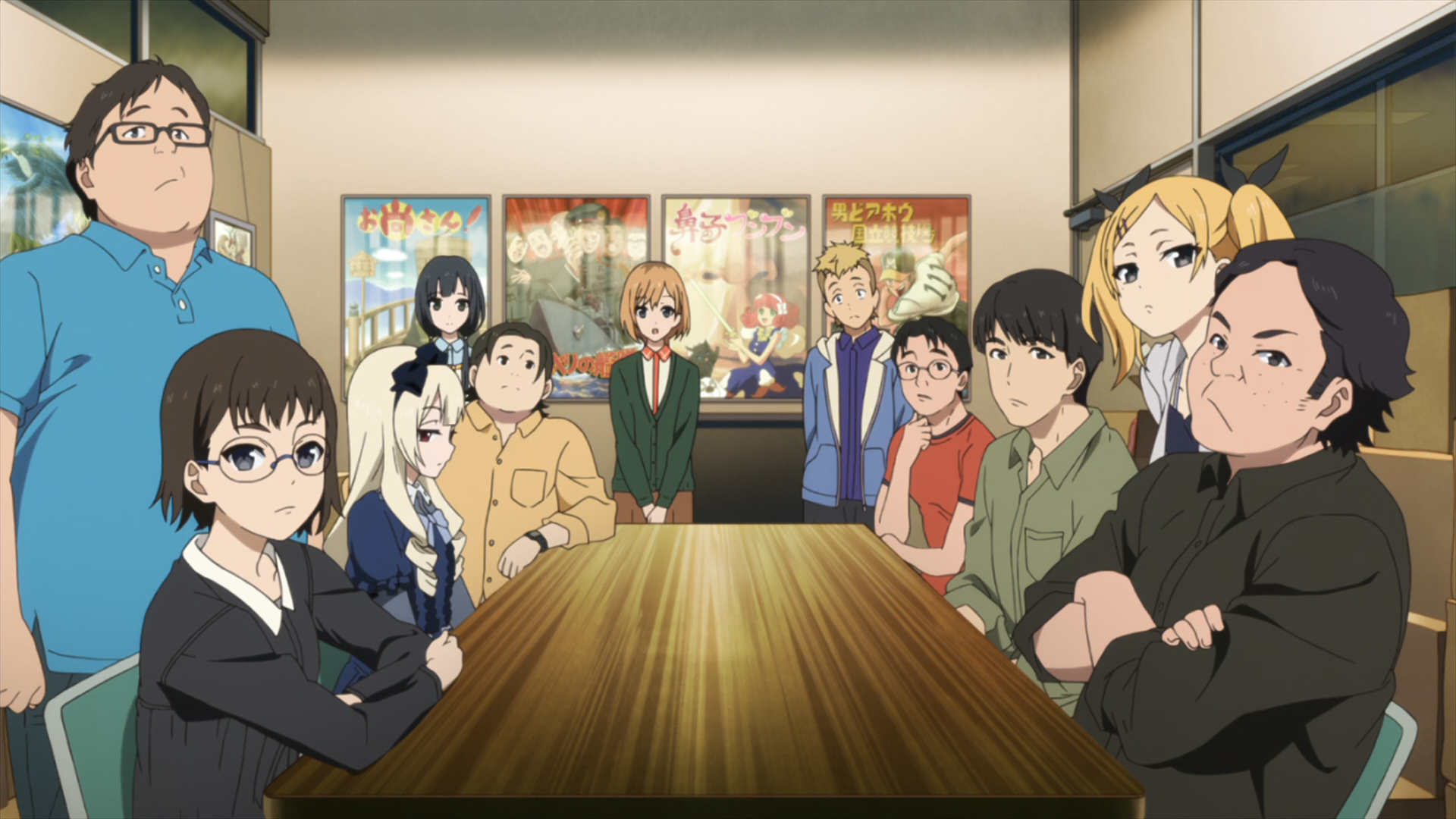 Screenshot from Shirobako episode 2 of several characters in a meeting room looking toward the viewer.