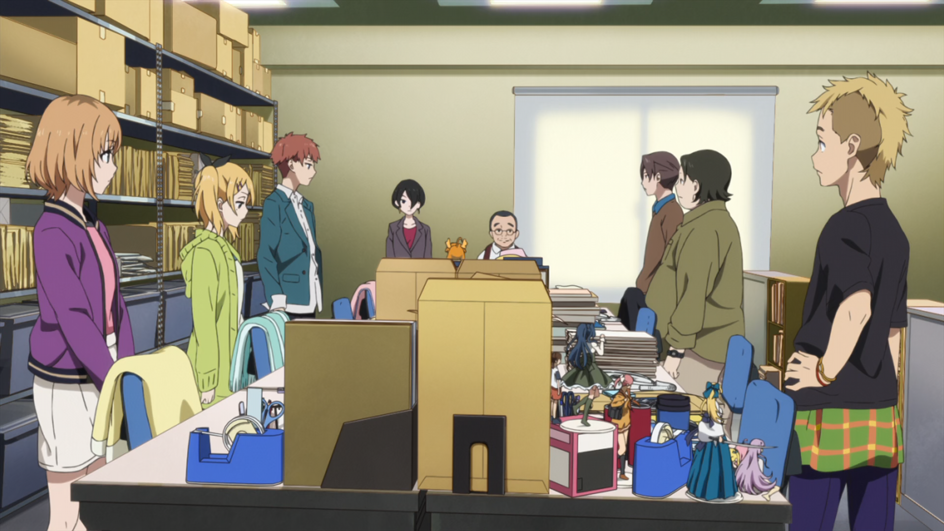 Scene from Shirobako featuring Aoi and her coworkers in a meeting. Aoi is wearing a white skirt and a purple jacket.