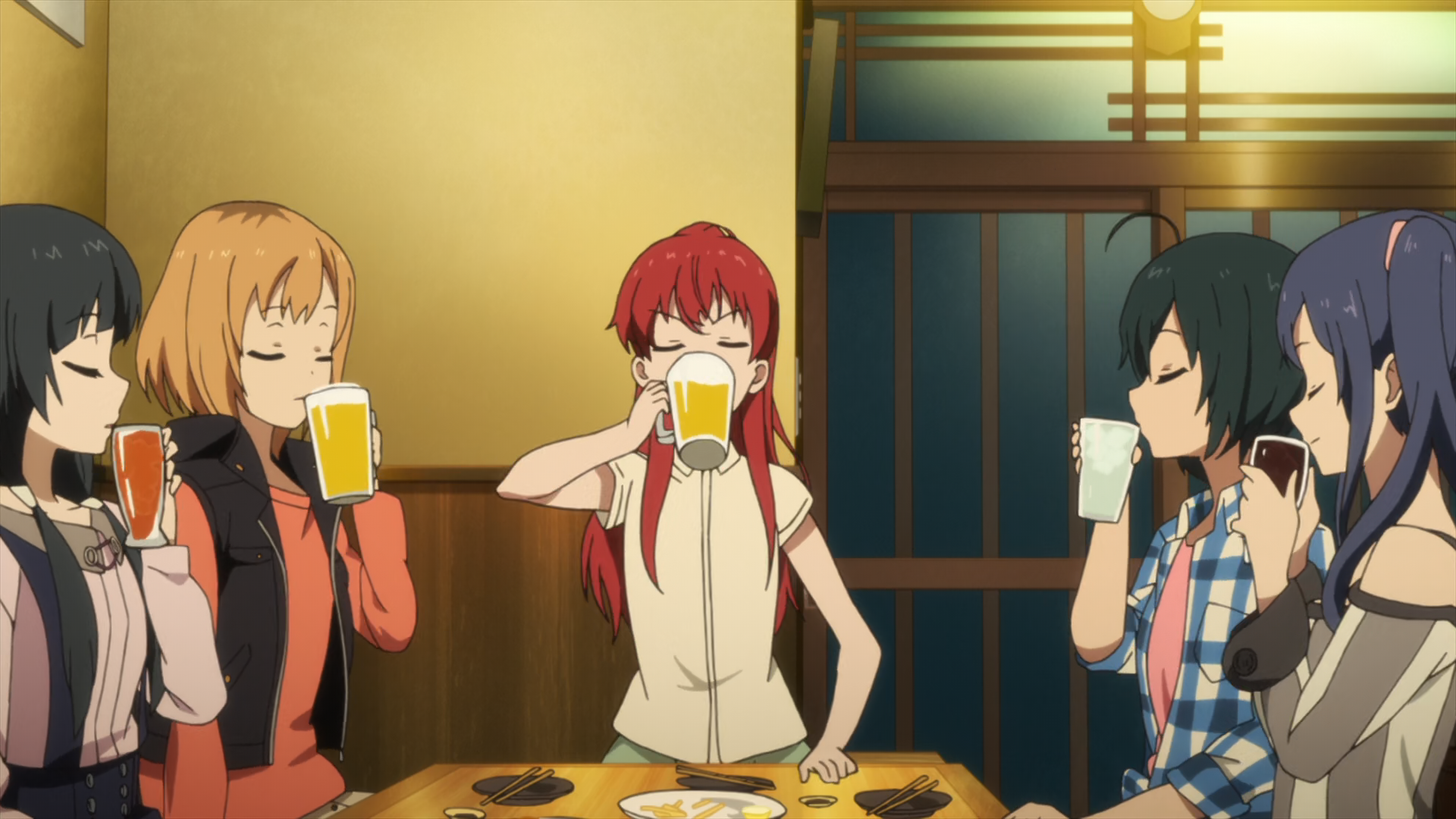 Scene from Shirobako with Aoi and her friends drinking at an izakaya. Aoi is wearing a sweater vest over an orange shirt.