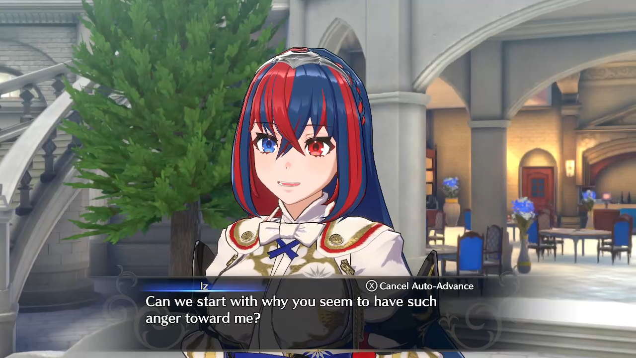 Screenshot from Fire Emblem Engage depicting Alear asking why Ivy is angry with her.