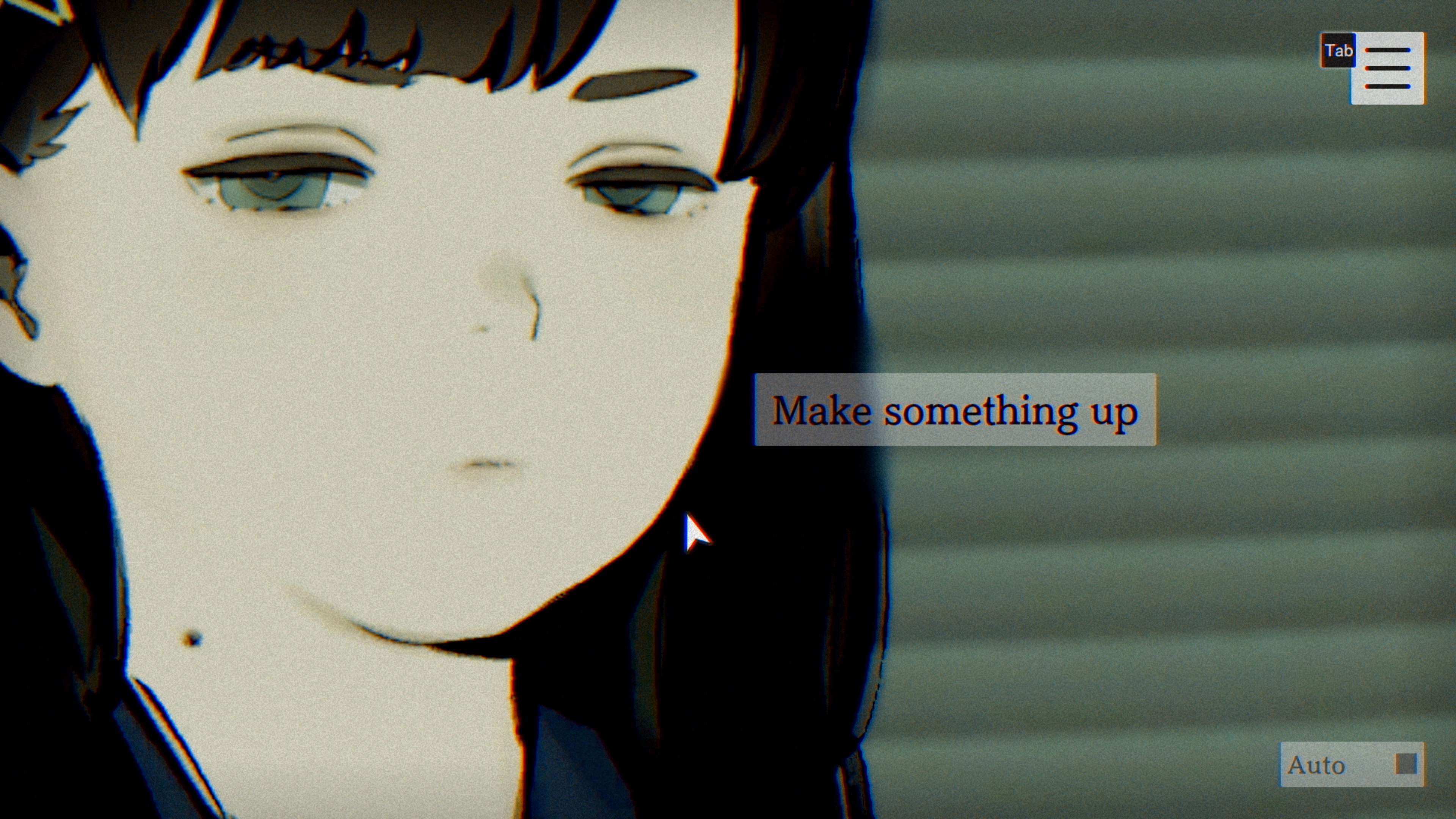 Screenshot from Paranormasight prompting the player to make something up while Mio is making a judgemental face.